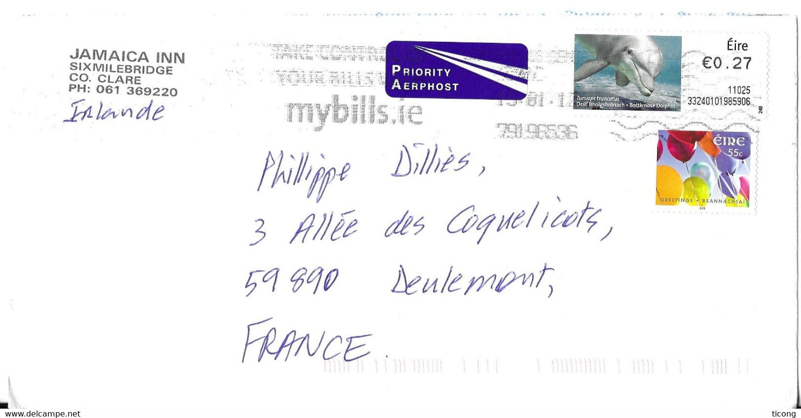 EIRE IRLANDE 2012 - LETTRE POUR LA FRANCE, TIMBRES DAUPHIN, BALLONS, VIGNETTE PRIORITY AIRPORT, VOIR LES SCANNERS - Cartas & Documentos