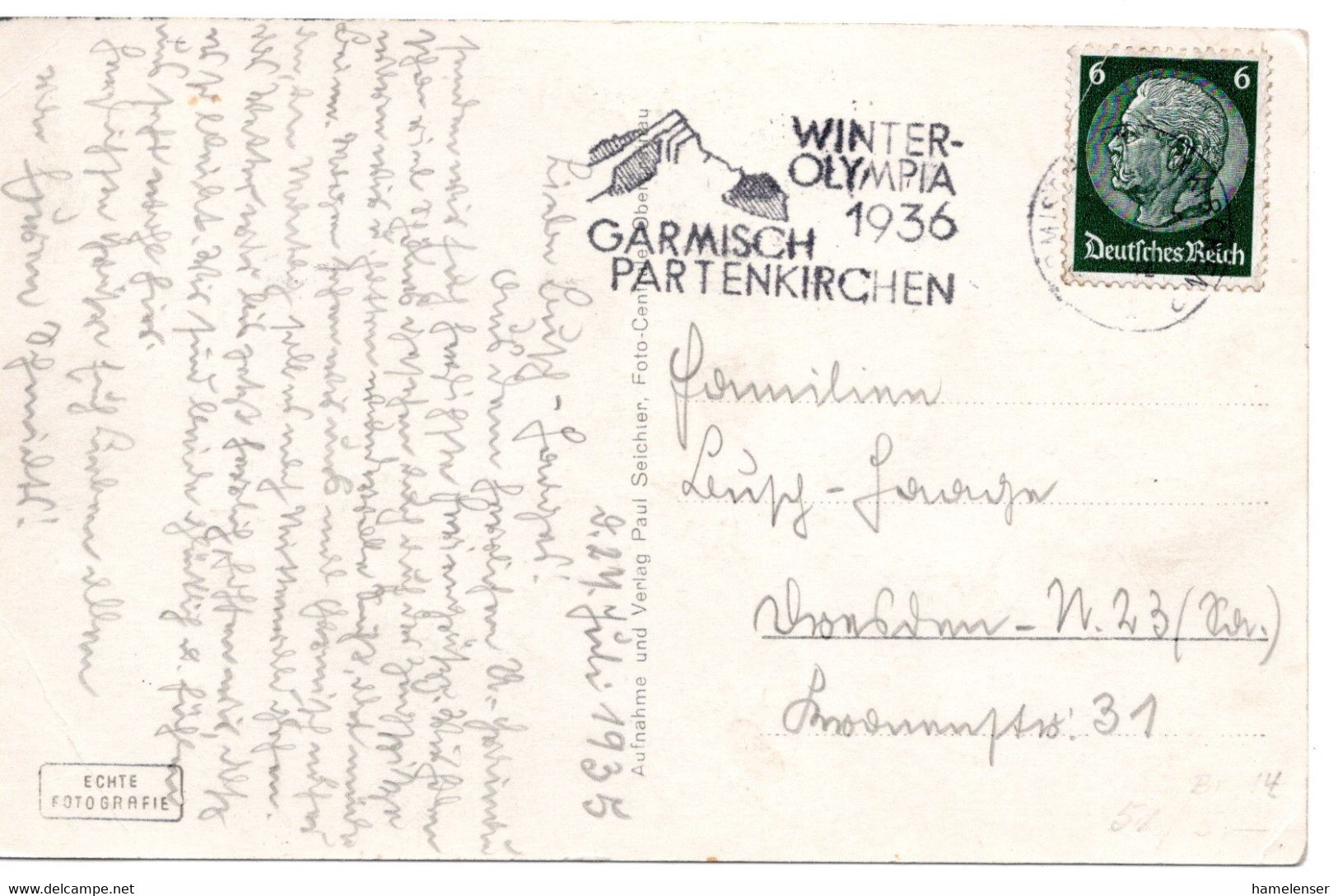 55379 - Deutsches Reich - 1935 - 6Pfg Hindenburg (kl Eckbug) EF A AnsKte GARMISCH-PARTENKIRCHEN - WINTER-OLYMPIA -> DD - Inverno1936: Garmisch-Partenkirchen