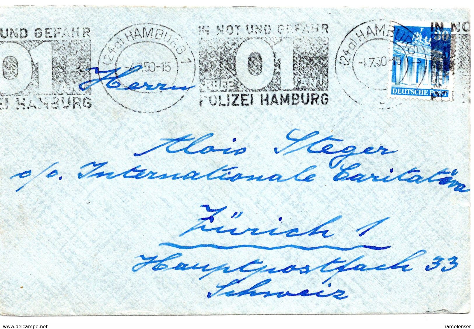 55382 - Bund - 1950 - 30Pfg Bauten EF A Bf HAMBURG - IN NOT UND GEFAHR RUFE 01 AN! POLIZEI HAMBURG -> Schweiz - Police - Gendarmerie