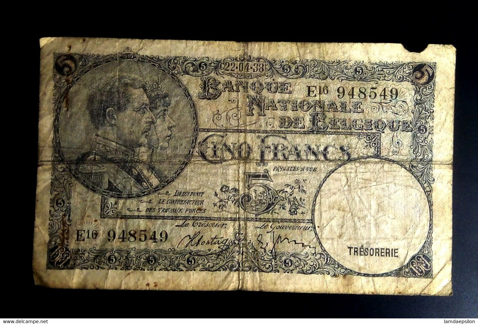 A7  BELGIQUE    BILLETS DU MONDE   BELGIUM  BANKNOTES  5 FRANCS 1938 - [ 9] Collezioni