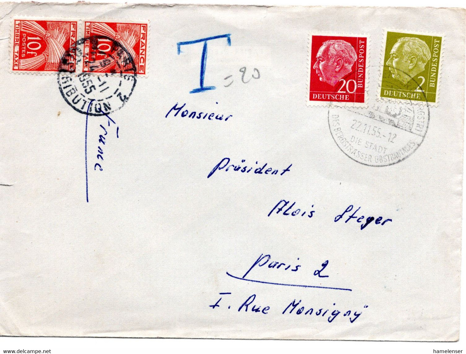 55383 - Bund - 1950 - 20Pfg Heuss I MiF A Bf ZWINGENBERG ... -> PARIS (Frankreich), M 2@10F Nachporto - 1859-1959 Covers & Documents