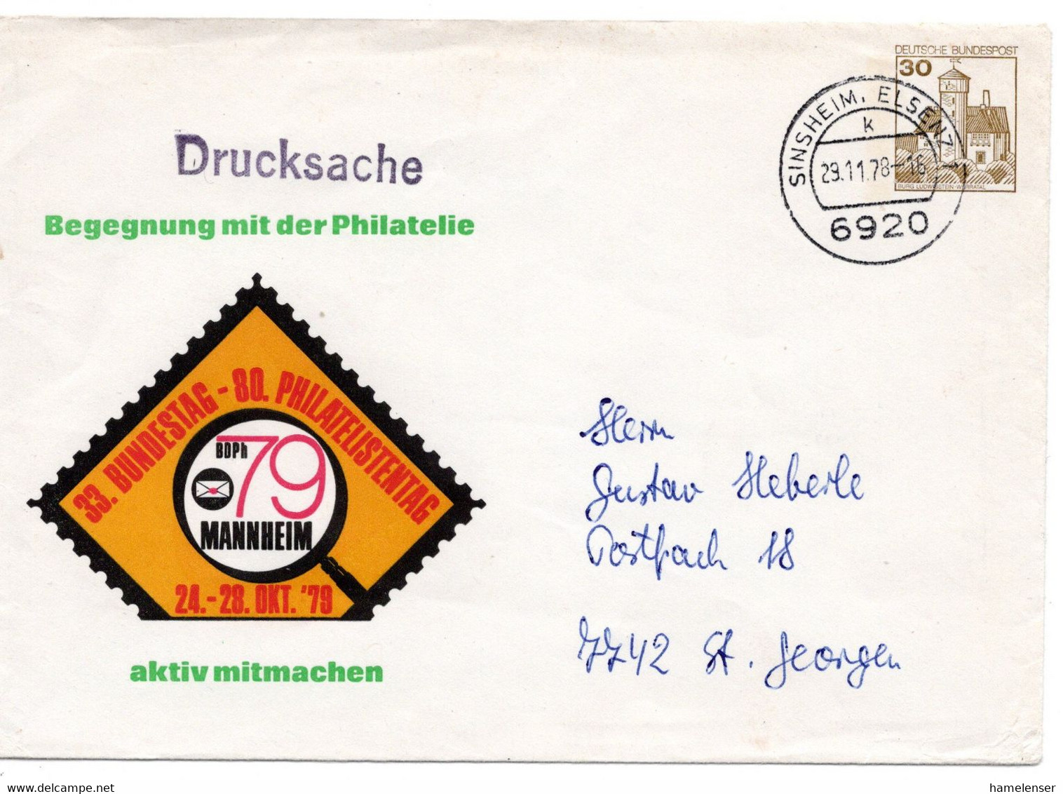 55384 - Bund - 1978 - 30Pfg B&S PGAUmschl "33. BDPh-Bundestag" Als Drucks SINSHEIM -> St. Georgen - Lettres & Documents