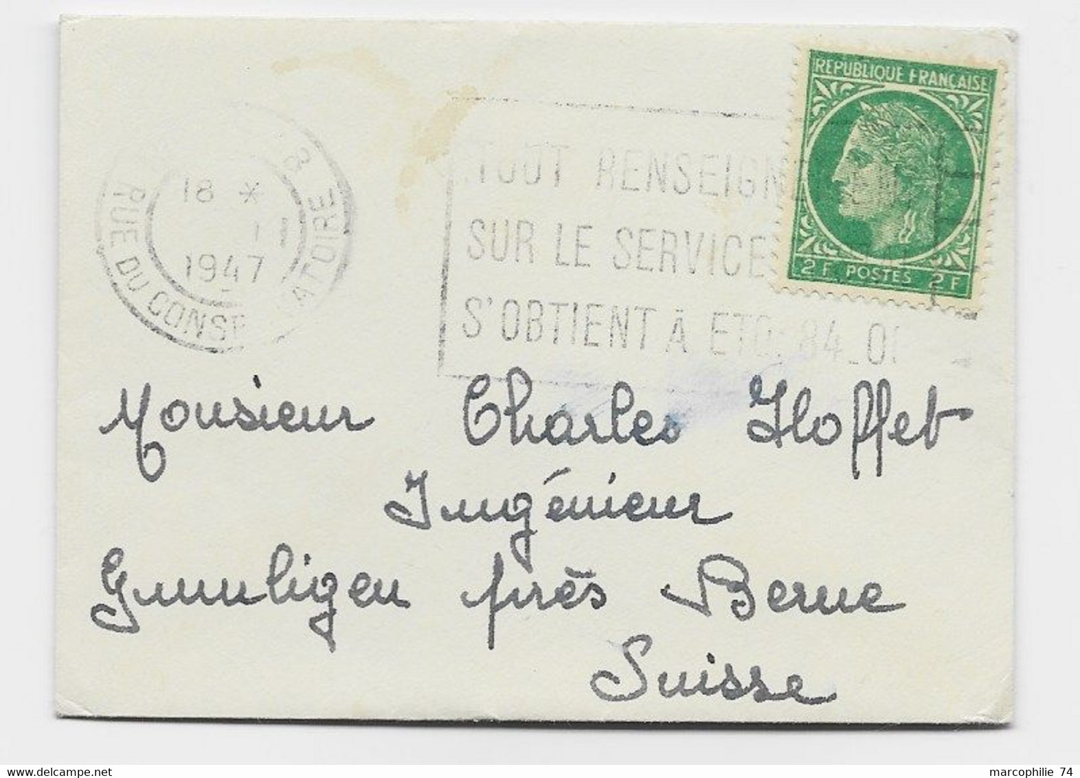 FRANCE MAZELIN 2FR VERT SEUL MIGNONNETTE NICE  1947 POUR SUISSE AU TARIF - 1945-47 Ceres Of Mazelin