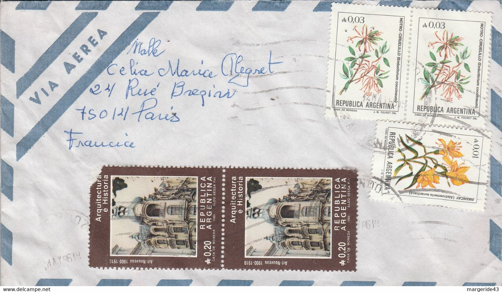 ARGENTINE AFFRANCHISSEMENT COMPOSE SUR LETTRE AVION POUR LA FRANCE 1986 - Covers & Documents