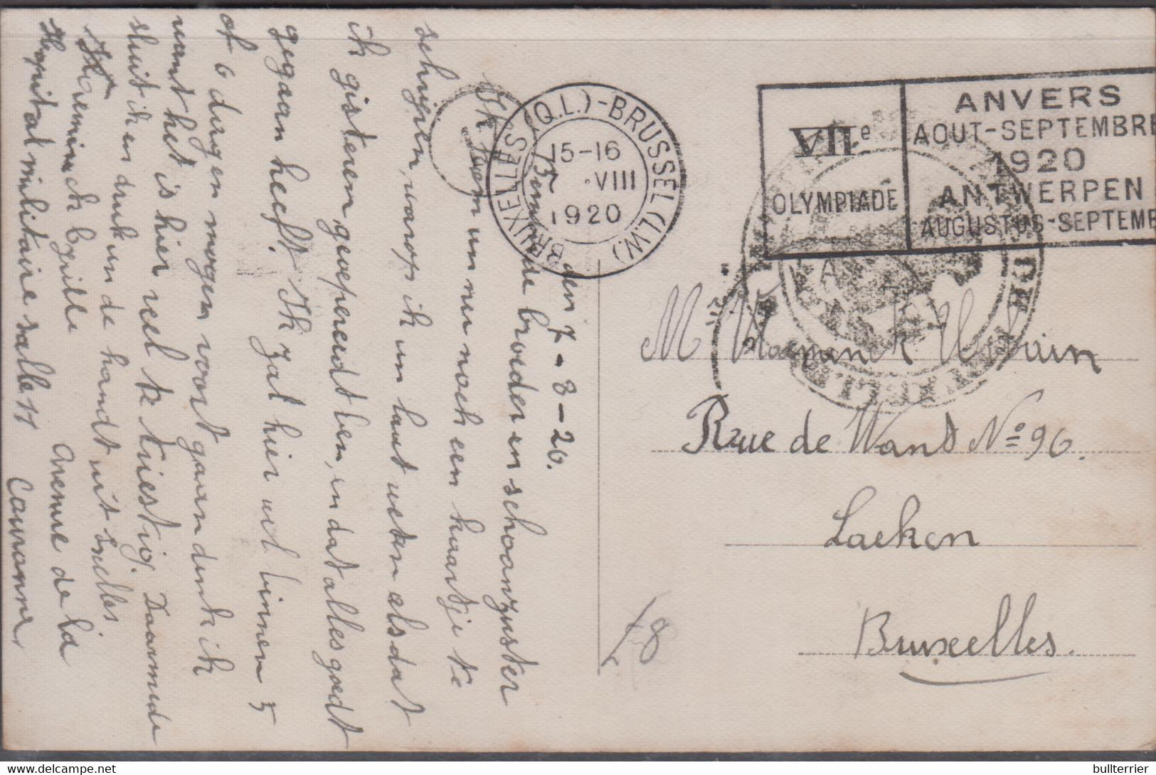 OLYMPICS- BELGIUM - 1920 - PCITURE POSTCARD WITH ANTWERP OLYMPICS POSTMARK - Zomer 1920: Antwerpen