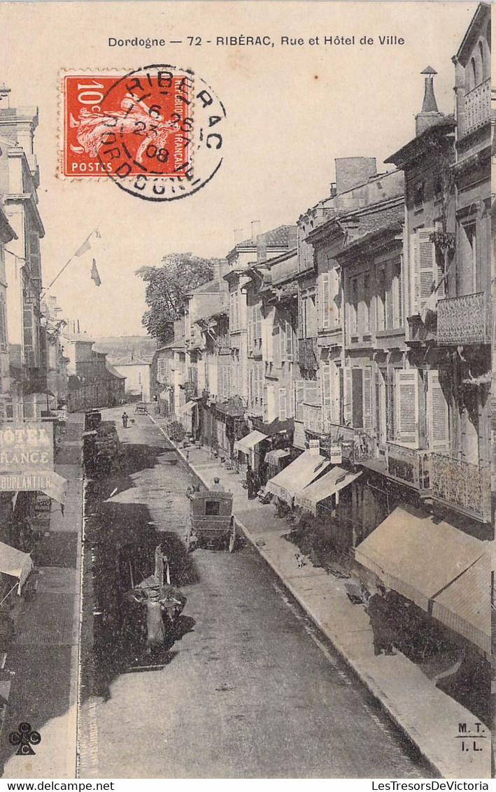 CPA - 24 - RIBERAC - Rue Et Hôtel De Ville - Animée - Commerce - Hôtel - MTIL 1908 - Riberac