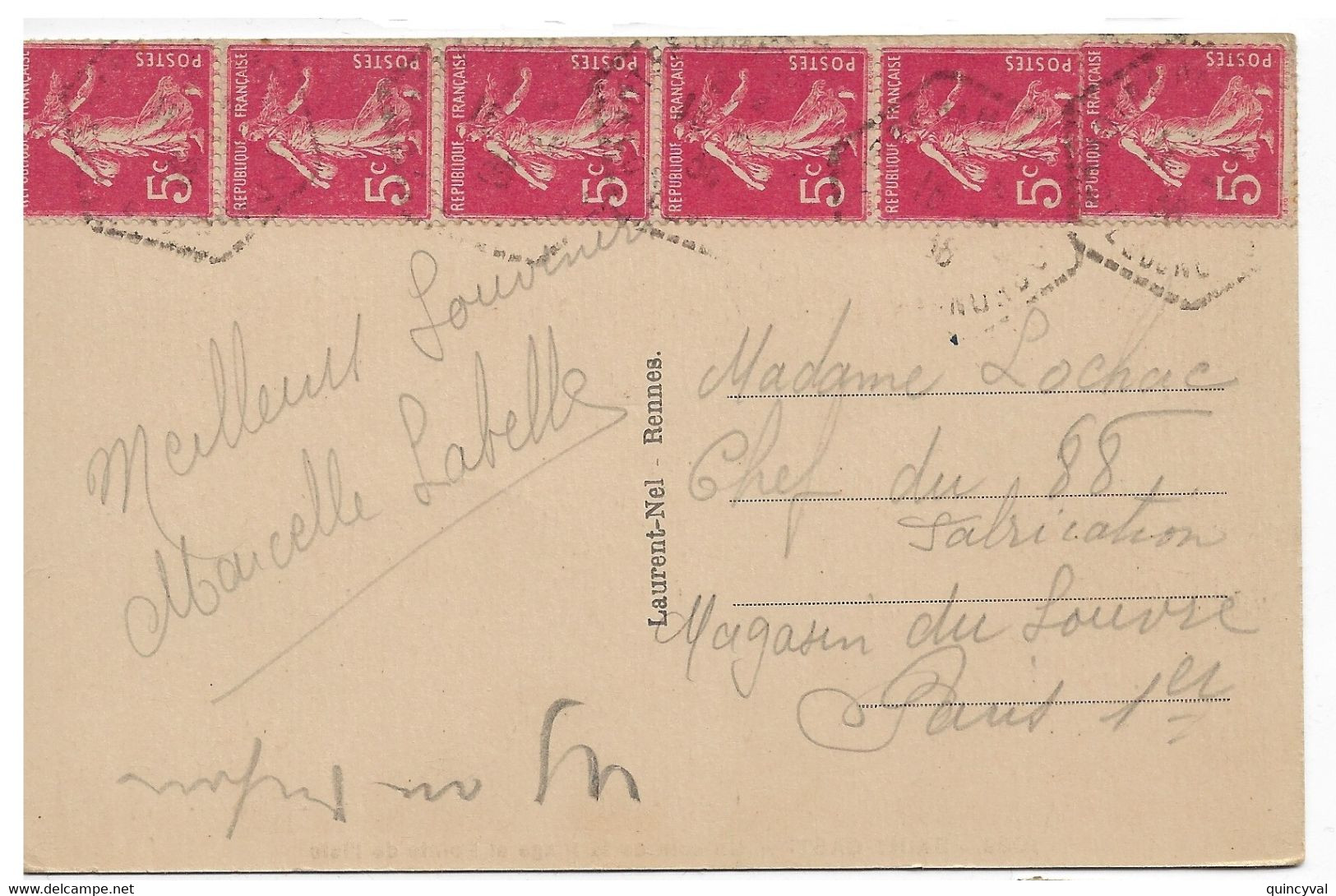 Carte Postale 5c Semeuse Yv 278B Bande De 6 Ob 1939 Hexagone Pointillé R A U - 1906-38 Säerin, Untergrund Glatt