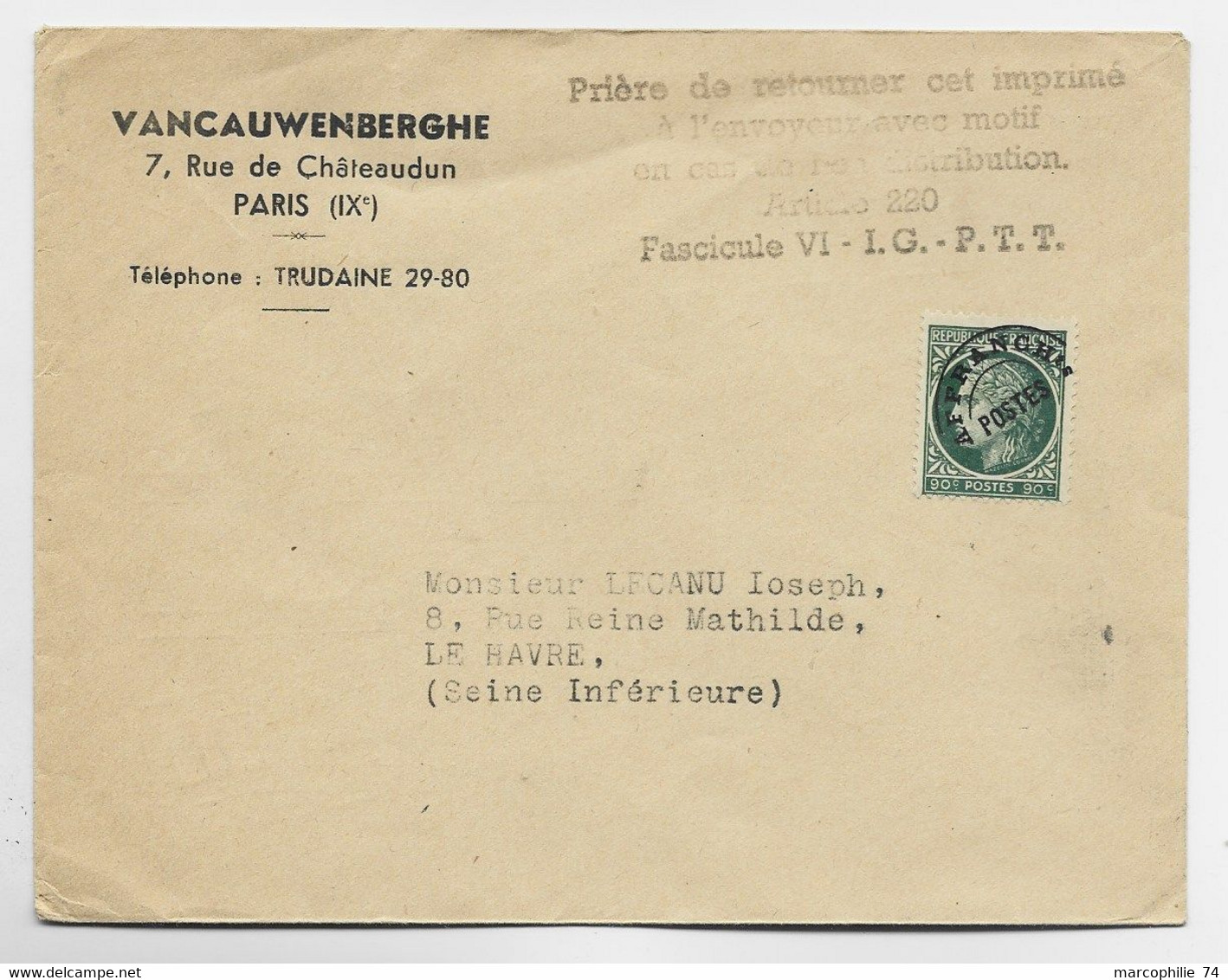 MAZELIN 90C  PREO SEUL LETTRE PARIS POUR LE HAVRE AU TARIF - 1945-47 Ceres Of Mazelin