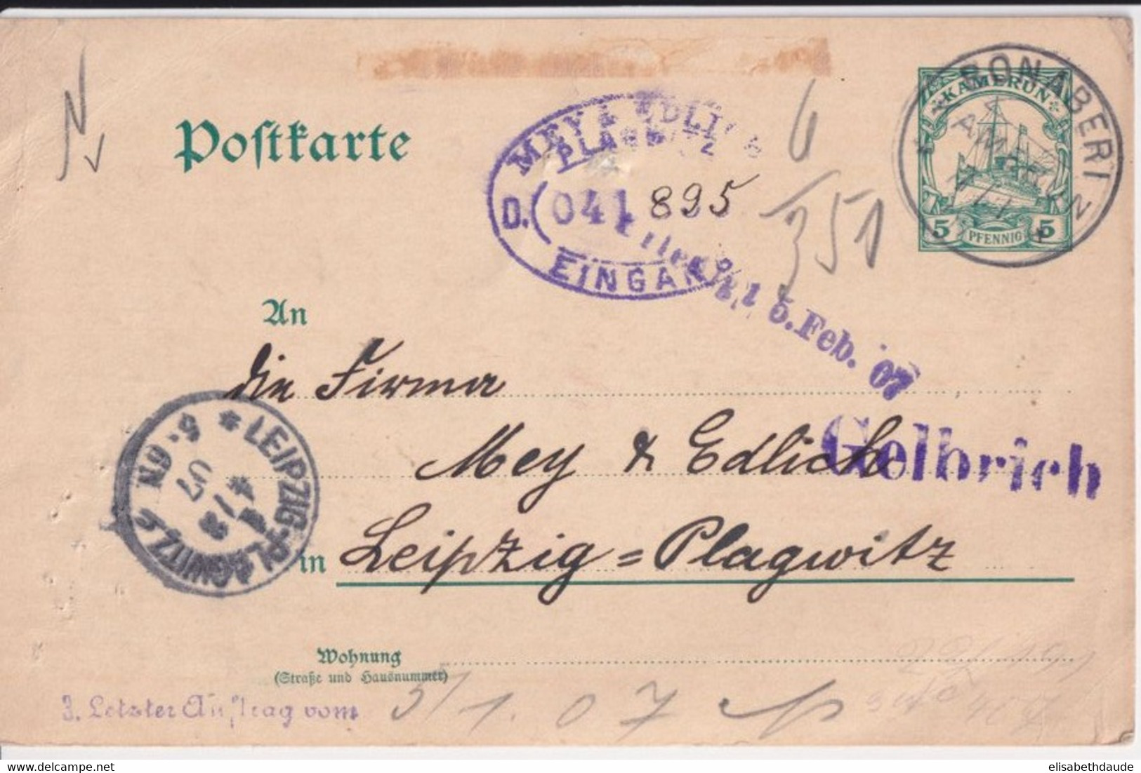 1907 - CAMEROUN ALLEMAND ! - CP ENTIER De BONABERI !! (RARE) => LEIPZIG - Cartas & Documentos