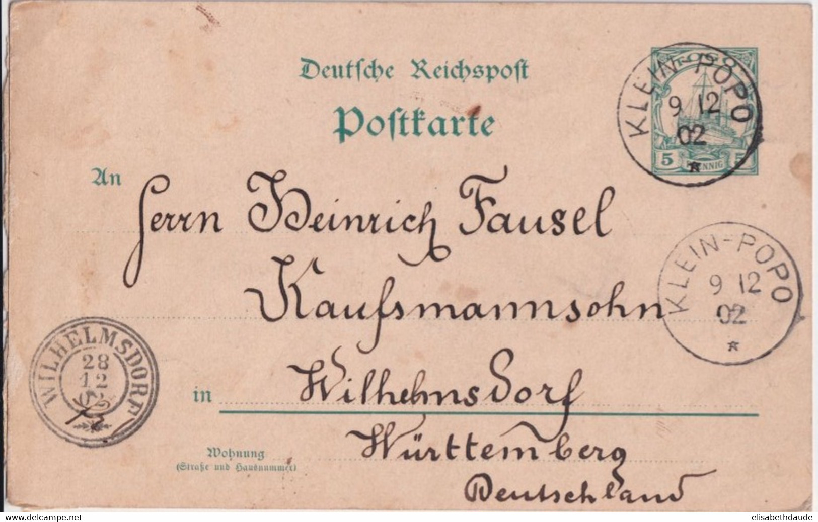 1902 - TOGO ALLEMAND ! - CP ENTIER De KLEIN-POPO => WILHELMSDORF (WÜRTTEMBERG) - Covers & Documents