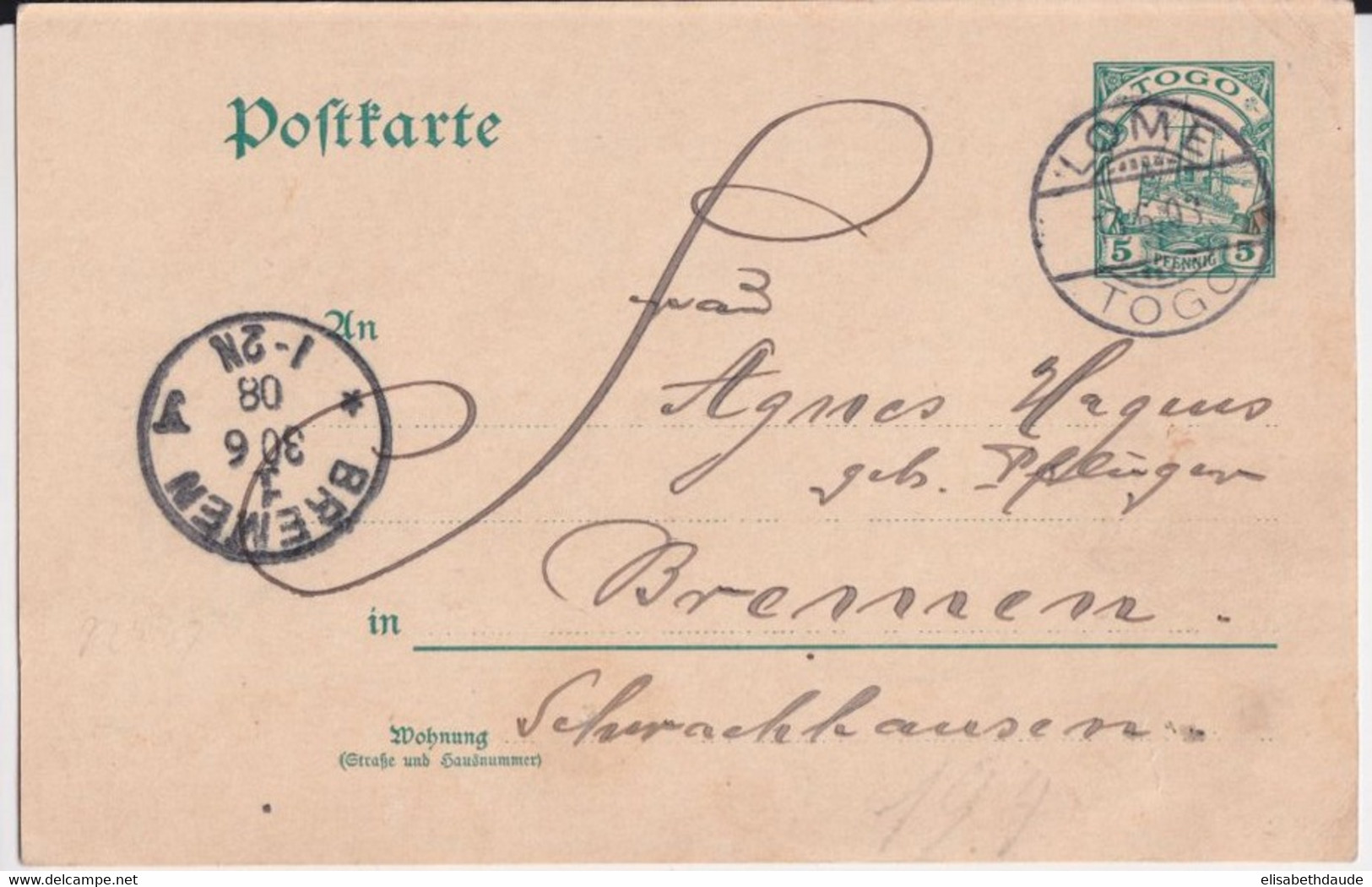 1908 - TOGO ALLEMAND ! - CP ENTIER De LOME => BREMEN - Briefe U. Dokumente