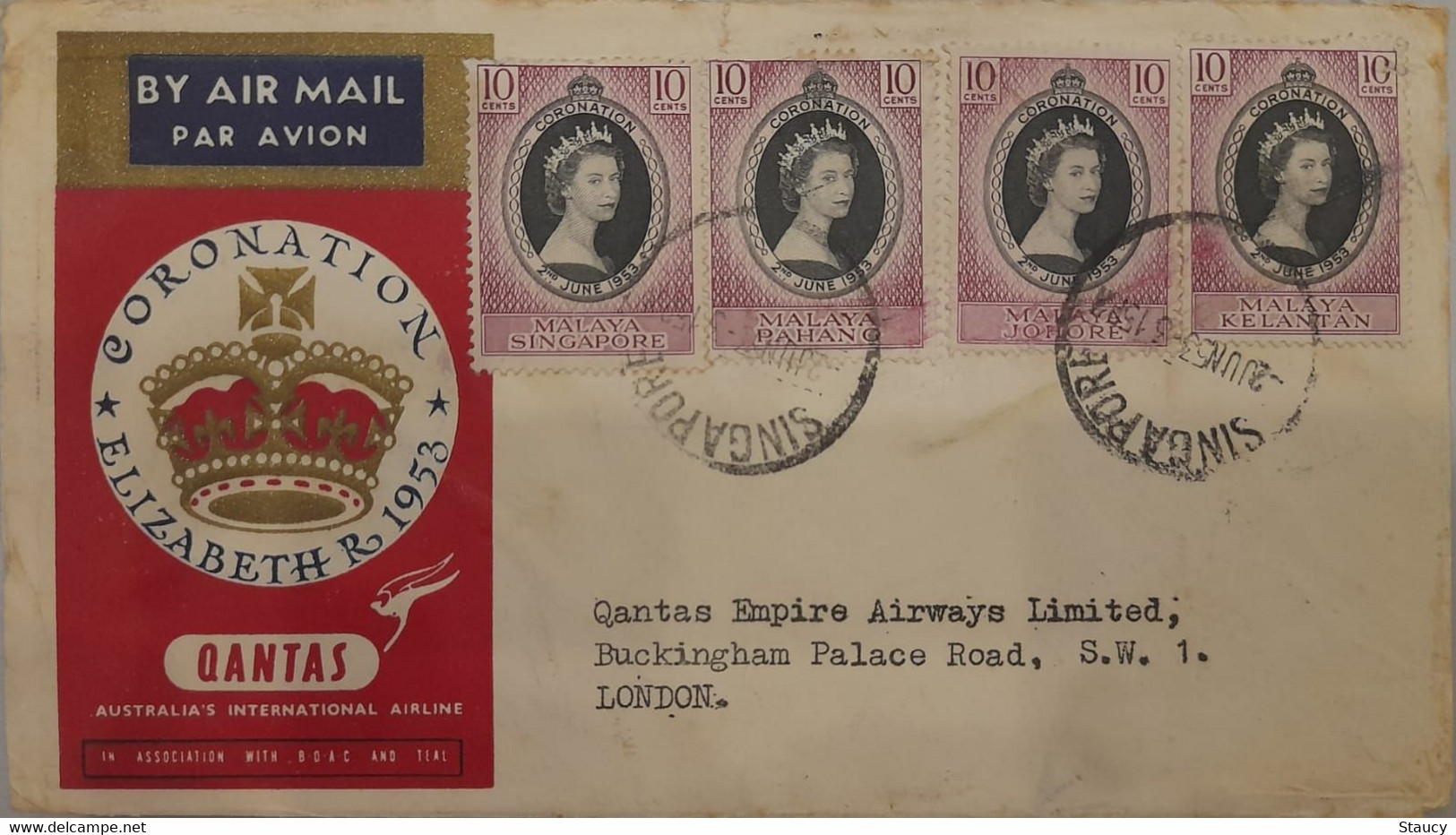 MALAYA Singapore 1953 QEII CORONATION 12 Stamps Franking On Flight Cover SINGAPORE Cancellation QUANTAS As Per Scan - Malaya (British Military Administration)
