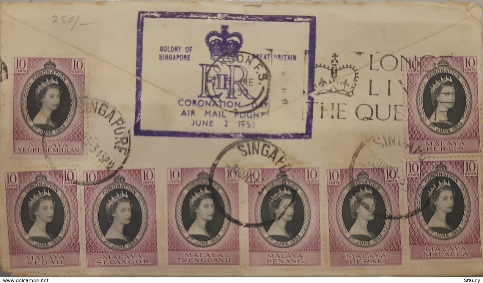 MALAYA Singapore 1953 QEII CORONATION 12 Stamps Franking On Flight Cover SINGAPORE Cancellation QUANTAS As Per Scan - Malaya (British Military Administration)