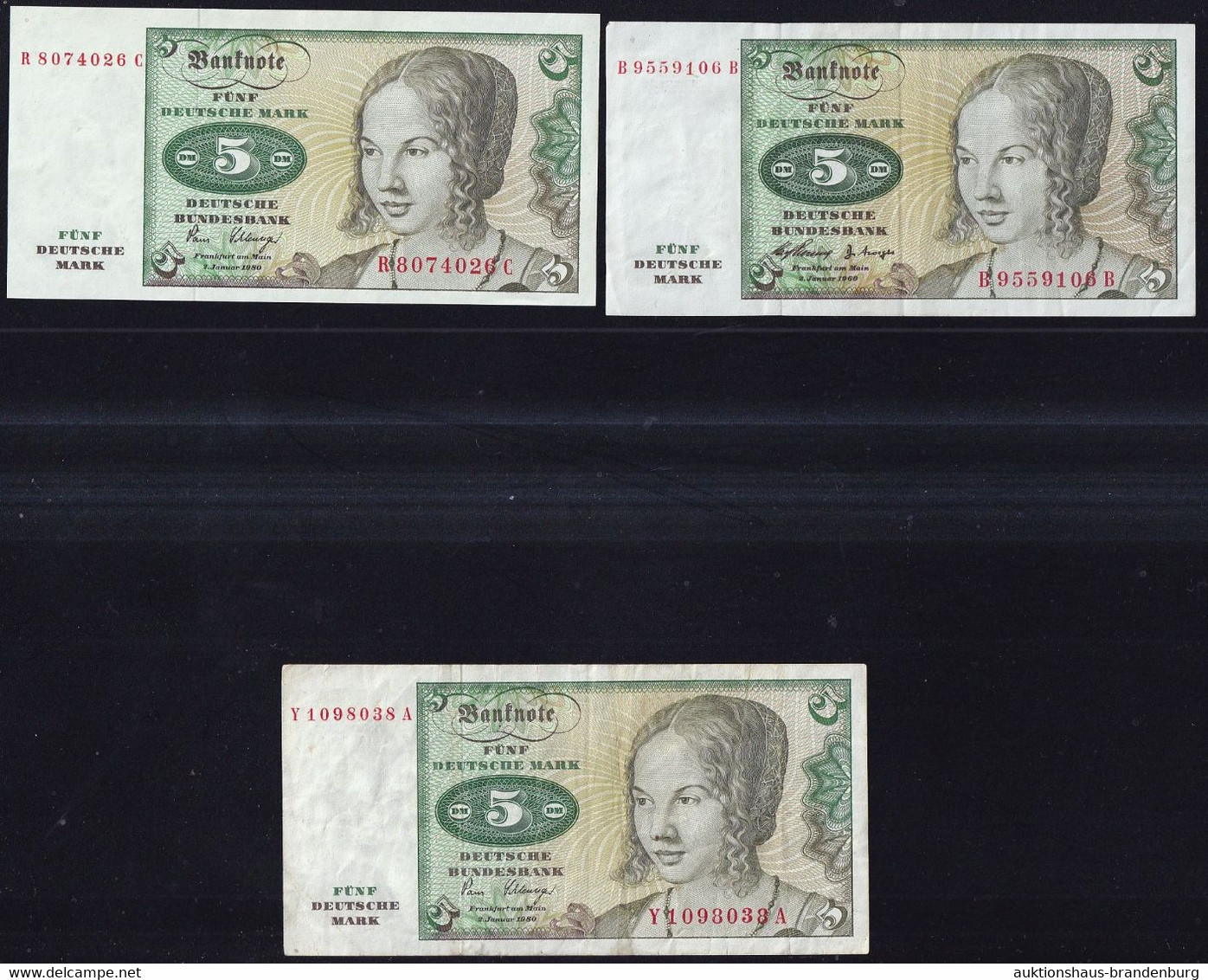 BRD: 3x 5 Deutsche Mark 2.1.1960 + 2x 2.1.1980 - 1x Ersatznote Y/A Replacement - 5 DM