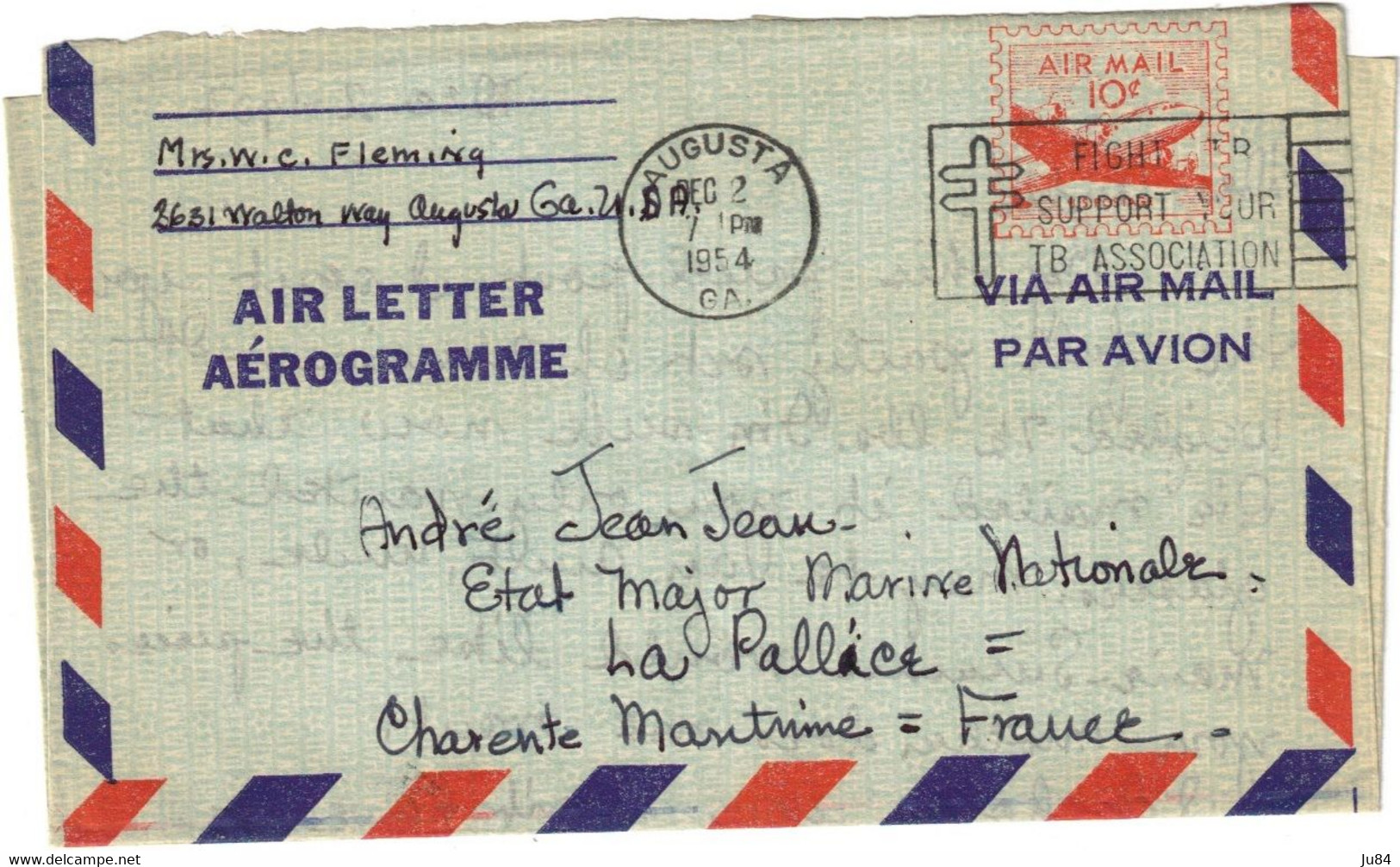 USA - États-Unis - Georgie - Augusta - Poste Aérienne - Aérogramme Pour L'Etat Major Marine Nationale Française - 1954 - 2a. 1941-1960 Usados