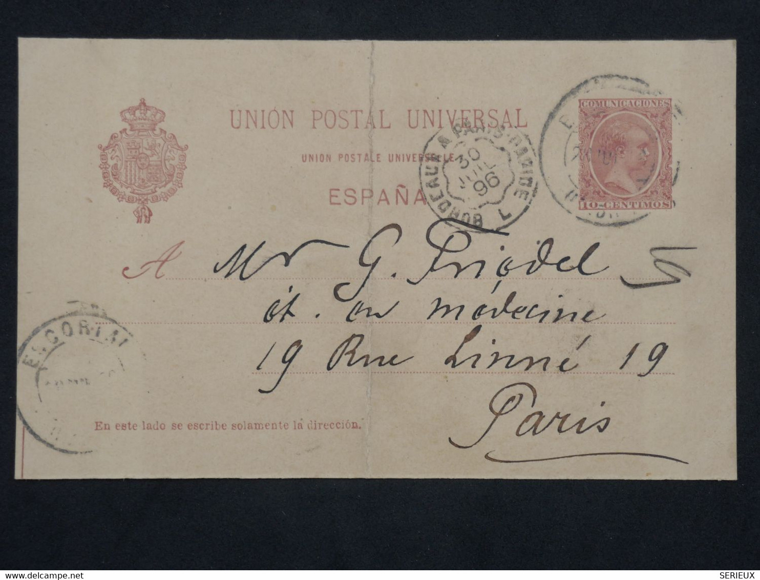 BH18 ESPANA    BELLE CARTE ENTIER  STATIONARY 1896  A PARIS FRANCIA VIA BORDEAUX FERROVIAIRE +AFFRANC.INTERESSANT++++ - Storia Postale