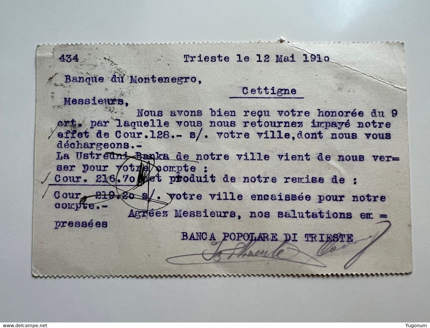 Austria - Hungary 1910 Stationery Card BANCA POPOLARE DI TRIESTE Sent To CETINJE , Banque De Montenegro (1571) - Autres & Non Classés