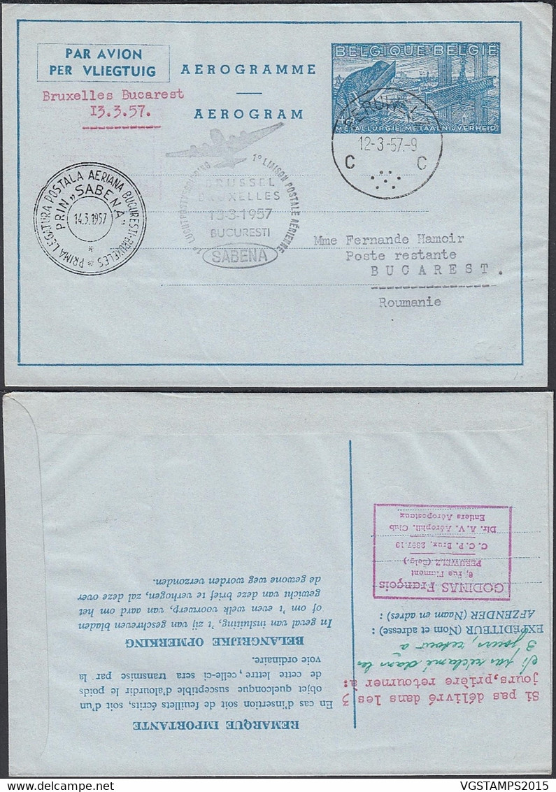 Belgique 1957 - Entier Postal Sur Aérogramme De Bruxelles à Destination Bucarest- Roumanie..  (DD)  DC-11187 - Aérogrammes