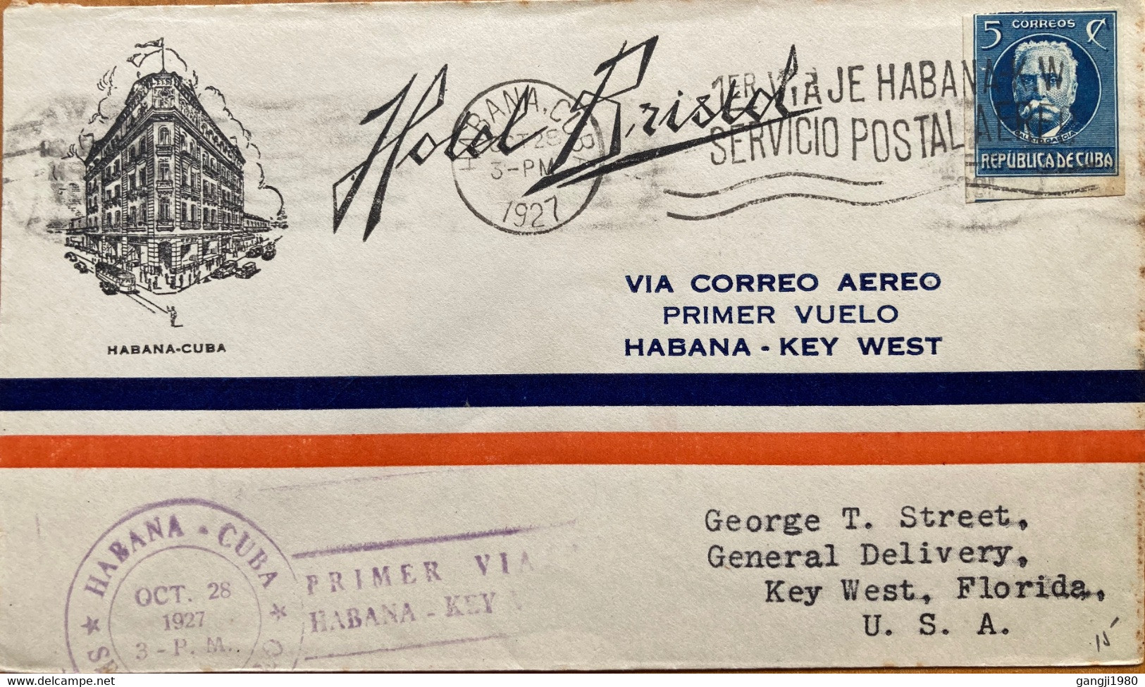 CUBA TO USA 1927, FIRST FLIGHT COVER, HAVANA TO KEY WEST, ADVERTISING HOTEL BRISTOL, IMPERF STAMP, MACHINE SLOGAN, - Lettres & Documents
