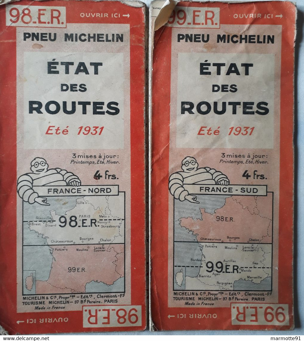 CARTE MICHELIN ETAT DES ROUTES ETE 1931 FRANCE 2 PARTIES - Cartes Routières