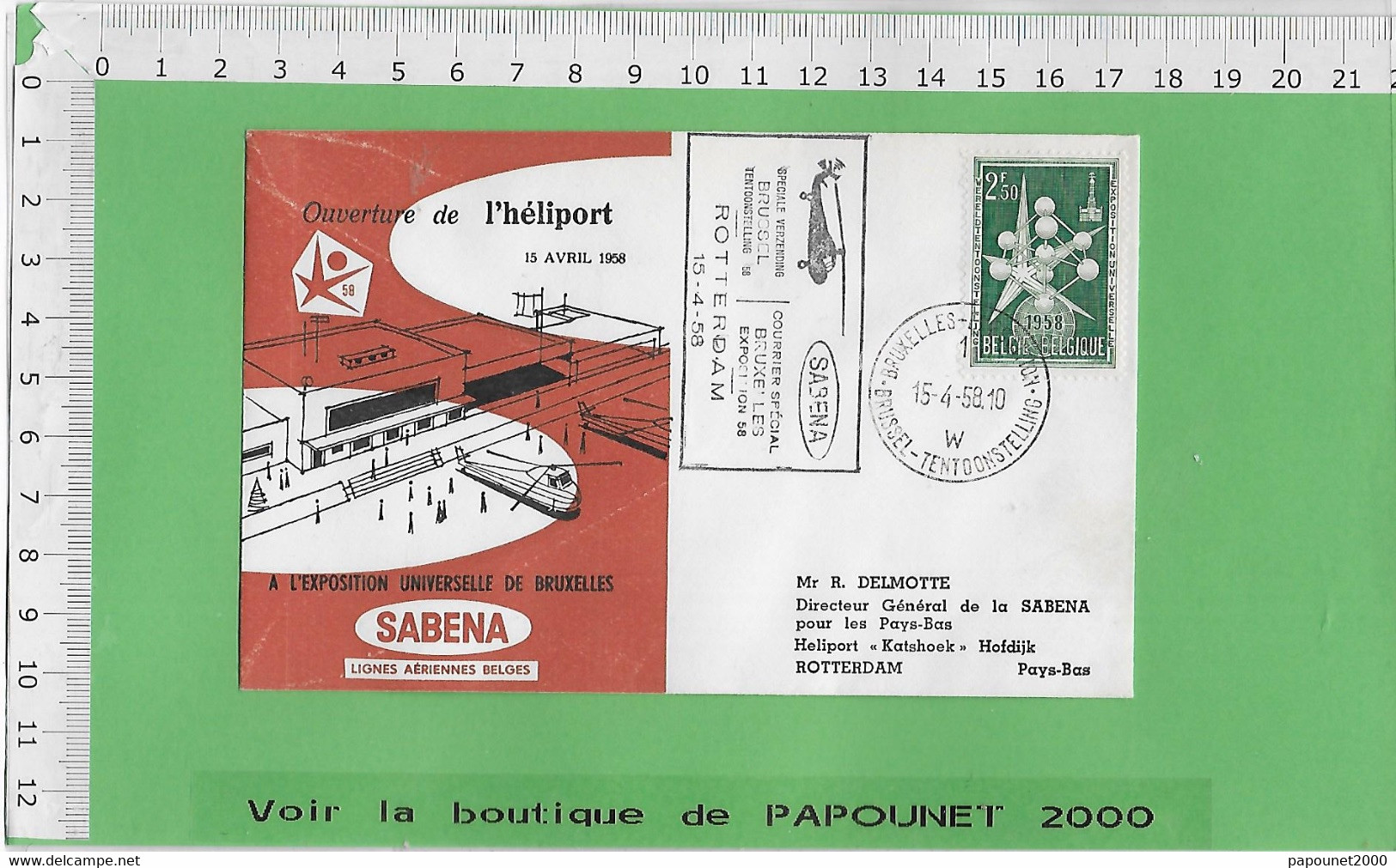 02585 - E BE04 1000-EXPO 58 : Timbre*Enveloppe /  L HELIPORT : SABENA : ROTTERDAM - 1958 – Brüssel (Belgien)