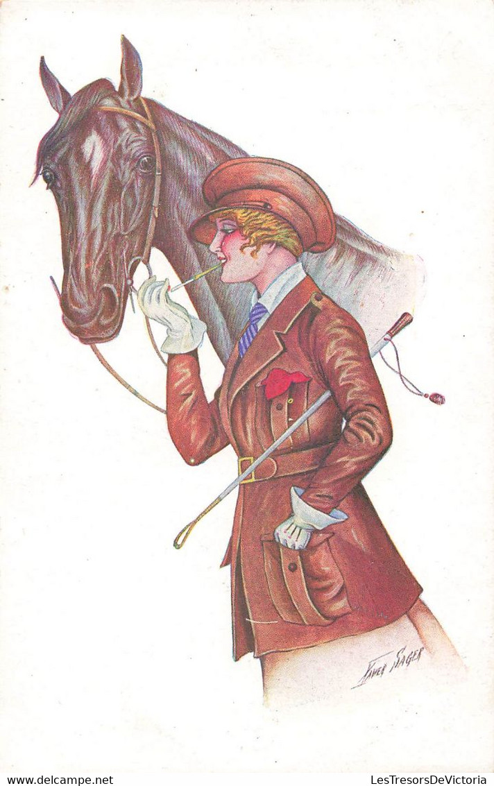 CPA Illustrateur - Xavier Sager - Femme Fumant Une Cigarette Avec Un Cheval - Cravache - Equitation Feminine - Sager, Xavier