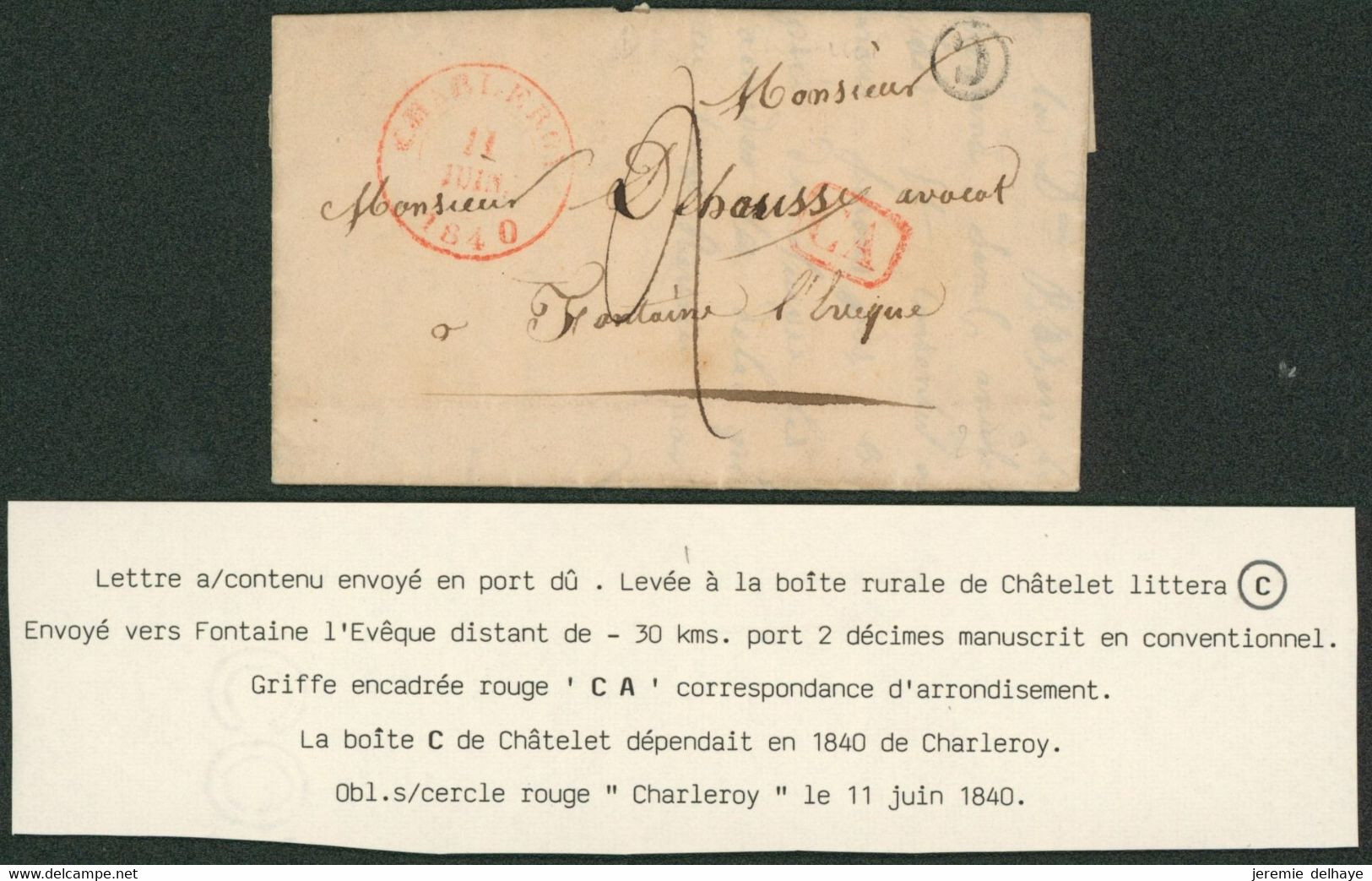 Précurseur - LAC Datée De Chatelet çàd Boite Rurale C + Cachet Dateur Charleroi (1840) > Fontaine L'évêque - 1830-1849 (Belgique Indépendante)