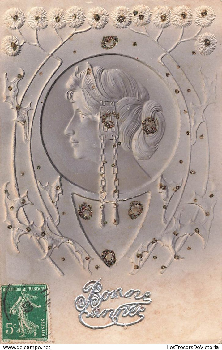 CPA Illustrateur - Portrait De Femme En Relief Style Art Nouveau Argenté - Bonne Année - KF Editeurs - Non Classificati