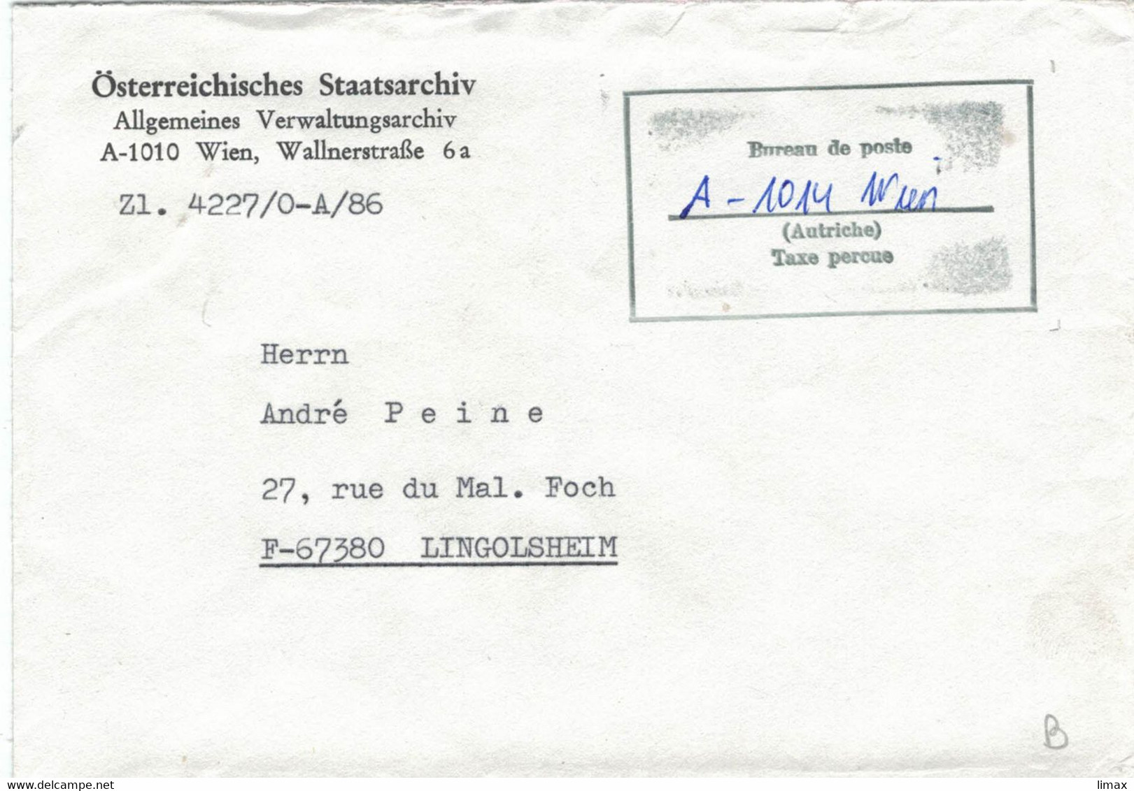 Staatsarchiv Verwaltungsarchiv 1010 Wien 1986 Taxe Percue > 67380 Lingolsheim - Brieven En Documenten