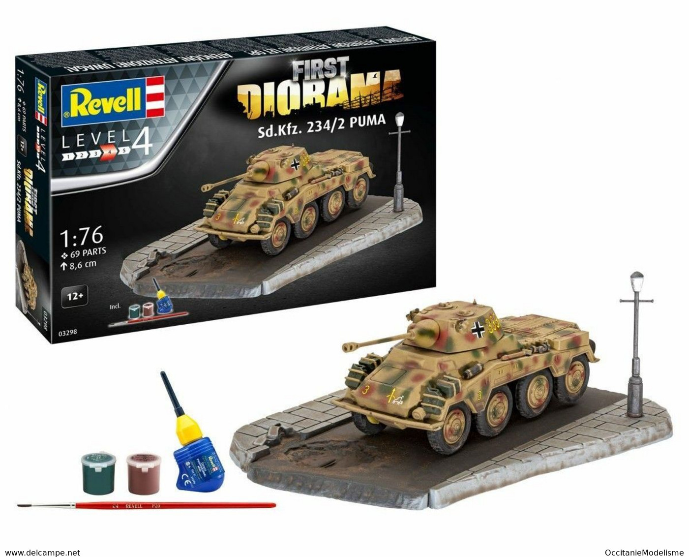 Revell - SET Sd.Kfz. 234/2 PUMA + Peintures + Colle Maquette Militaire Kit Plastique Réf. 03298 Neuf NBO 1/76 - Véhicules Militaires