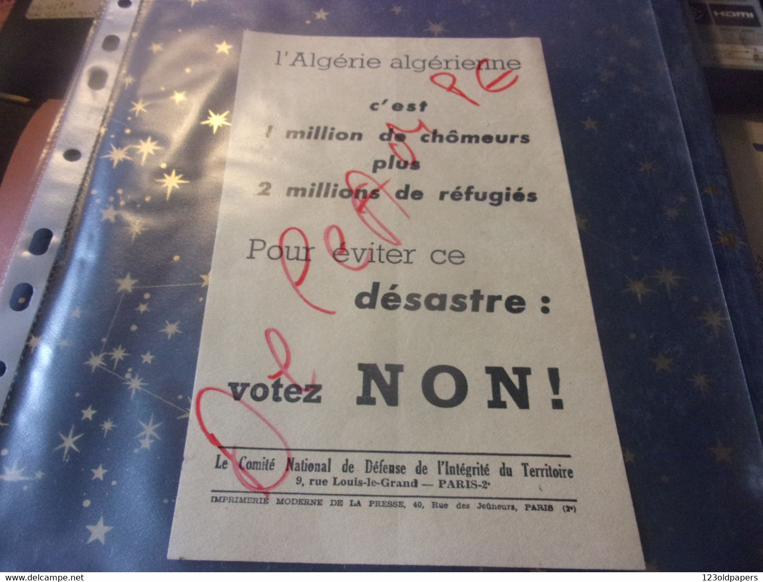 DOCUMENT ORIGINAL  TRACT D EPOQUE Guerre Algerie OAS / COMMUNISME DE GAULLE  REFERENDUM / ALGERIE ALGERIENNE - Documentos