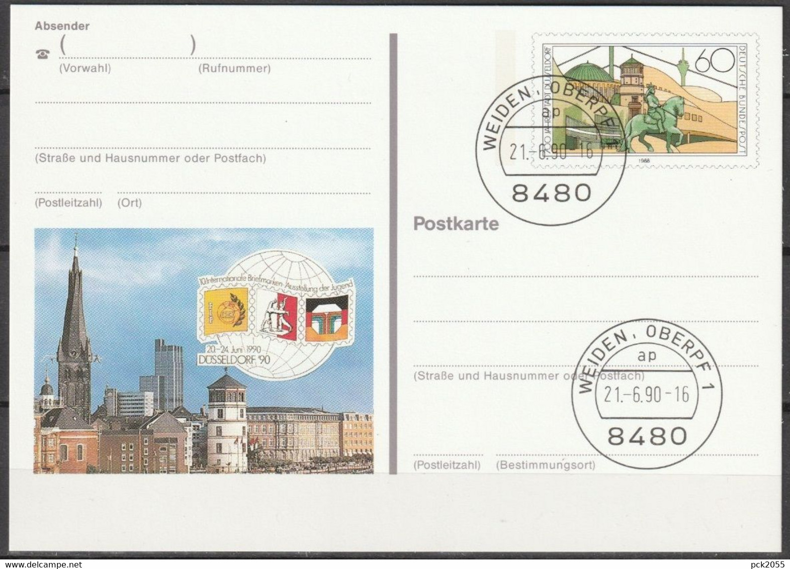 BRD Ganzsache 1990 PSo22 Briefmarkenausst. Der Jugend Düsseldorf TST. Weiden Oberpf 21.6.90(PK327)günstige Versandkosten - Postkarten - Gebraucht