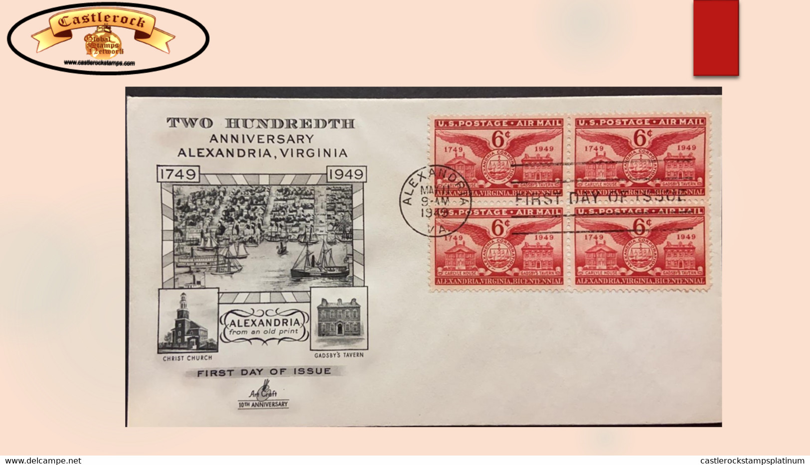 O) 1949 UNITED STATES - USA, ALEXANDRIA,  HOME OF JOHN CARLYLE, ALEXANDRIA SEAL AND GADSBY'S TAVERN, FOUNDING, FDC XF - 1941-1950