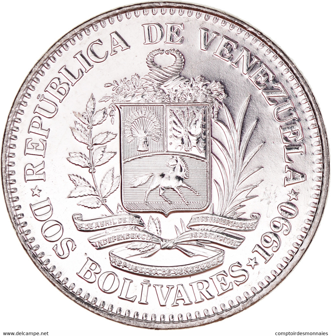 Monnaie, Venezuela, 2 Bolivares, 1990, SPL+, Nickel Clad Steel, KM:43a.1 - Venezuela