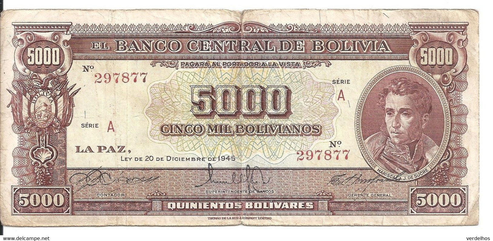 BOLIVIE 5000 BOLIVIANOS L.1945 VF P 145 - Bolivie