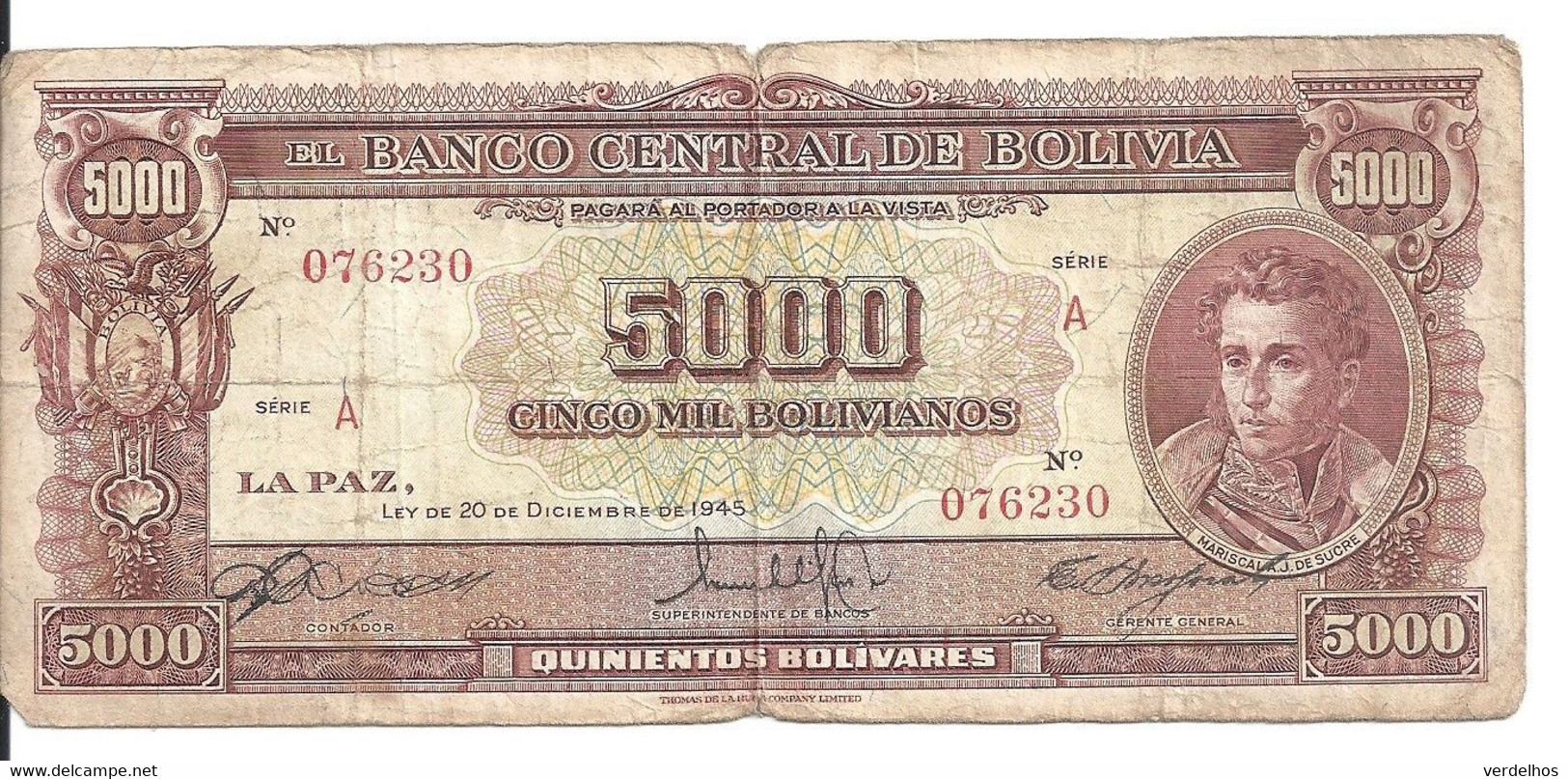 BOLIVIE 5000 BOLIVIANOS L.1945 VF P 145 - Bolivie