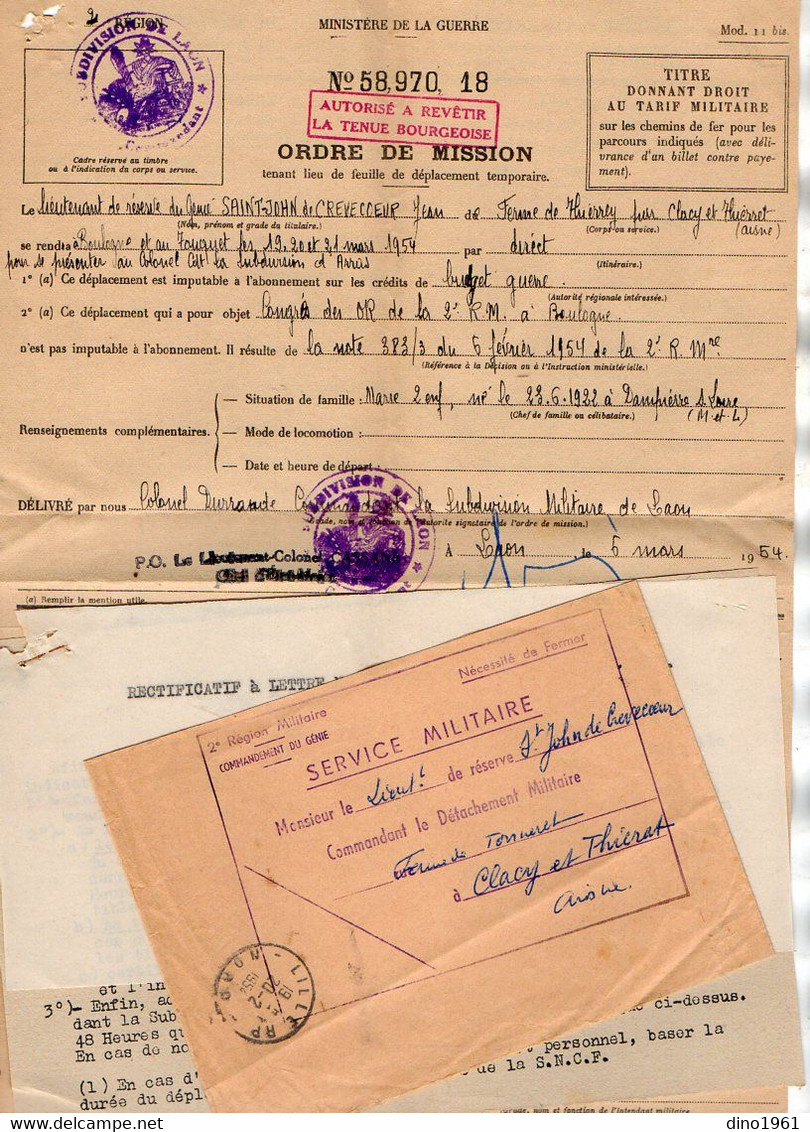 VP20.861 - LAON 1954 - Ordre De Mission - Lt De Réserve Du Génie J. SAINT JOHN De CREVECOEUR à CLACY ET THIERRET - Dokumente