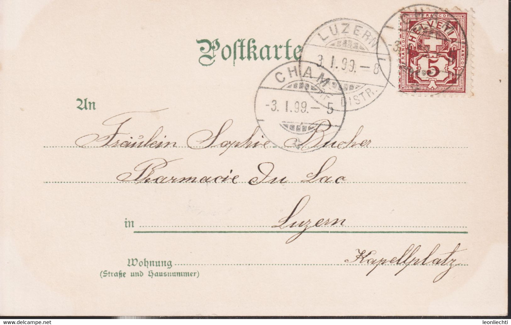 AK: Postkarte 1899 Zug Zeitturm, Gelaufen Von Cham Nach Luzern. ZNr. 60B / Mi: 52y - Cham