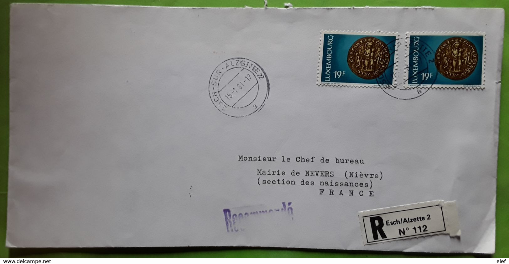 LUXEMBOURG,  Lettre Recommandée ESCH S ALZETTE , Timbre Yvert X 2 No 831 Sceau Couvent Marienthal > Mairie De NEVERS TB - Cartas & Documentos