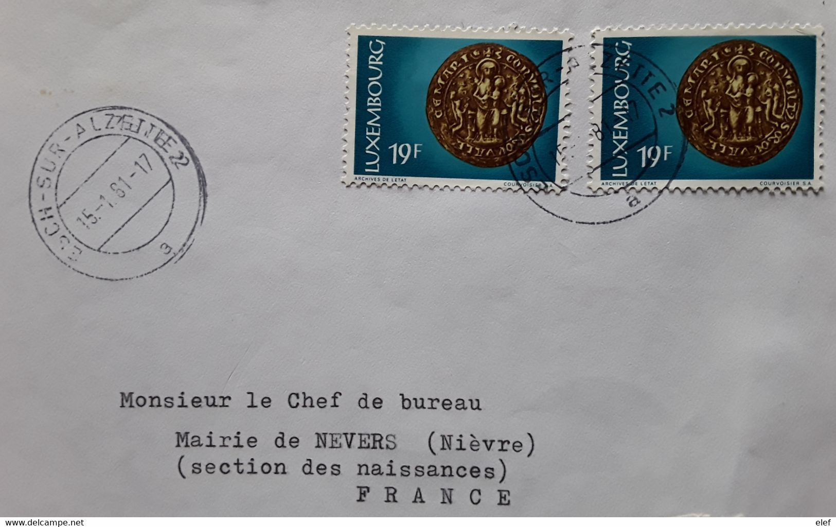 LUXEMBOURG,  Lettre Recommandée ESCH S ALZETTE , Timbre Yvert X 2 No 831 Sceau Couvent Marienthal > Mairie De NEVERS TB - Brieven En Documenten