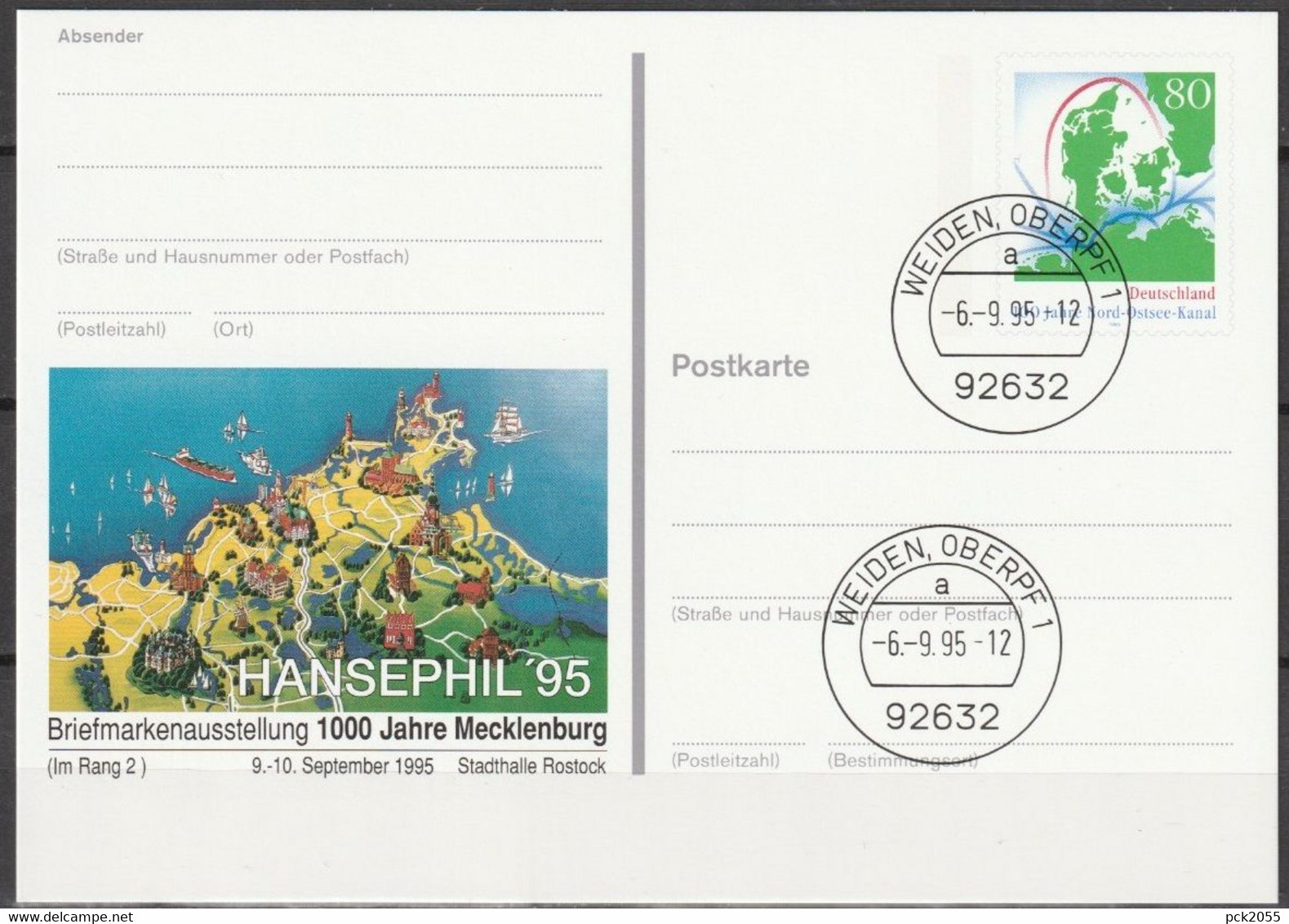 BRD Ganzsache 1995 PSo38 HANSEPHIL'95 Ersttagsstempel 6.9.95 WEIDEN OBERPF (PK160)günstige Versandkosten - Postkarten - Gebraucht