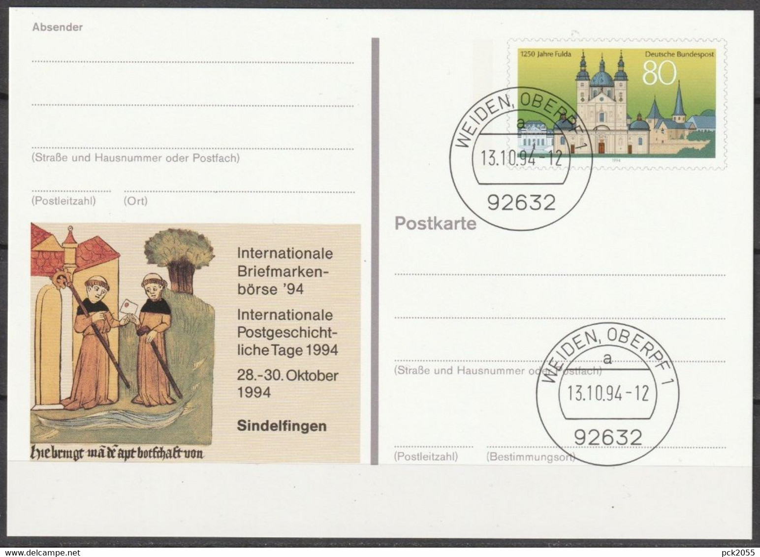 BRD Ganzsache 1994 PSo36 Briefmarkenbörse Sindelfingen'94 Ersttagsst.13.10.94 WEIDEN OBERPF(d2281)günstige Versandkosten - Postkarten - Gebraucht