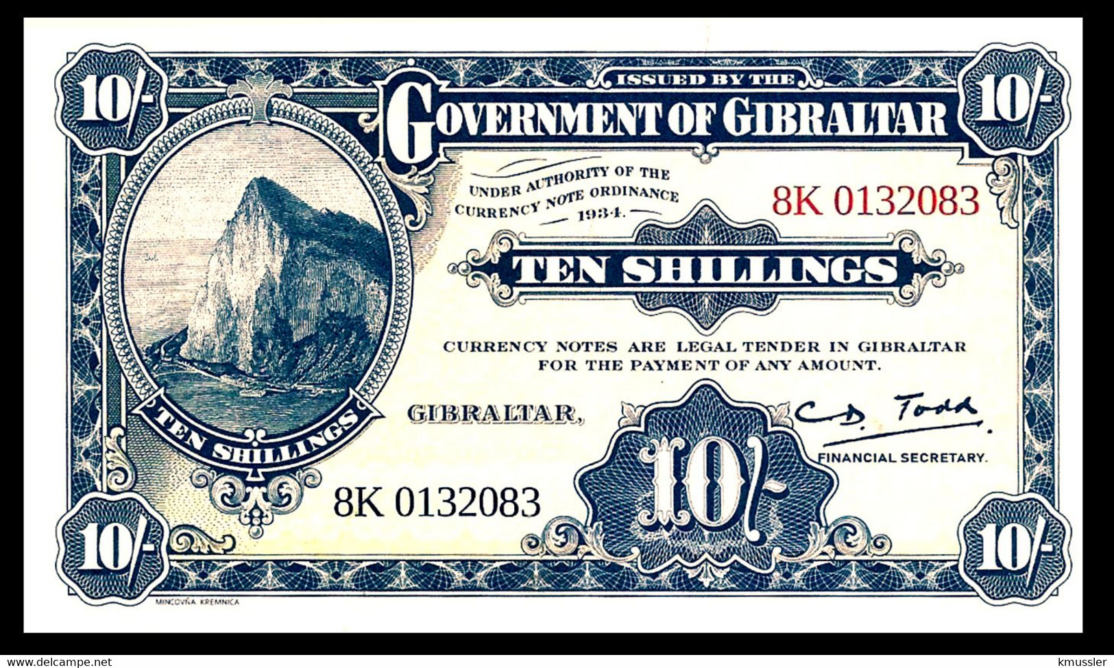 # # # Banknote Gibraltar 10 Shillings 1934 UNC (offizieller Nachdruck) # # # - Gibraltar