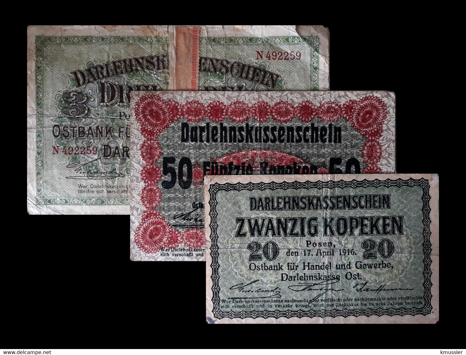 # # # Set Banknoten Aus Posen (Ostpreußen/Litauen) 3,70 Kopeken/Rubel 1916 # # # - Lituanie