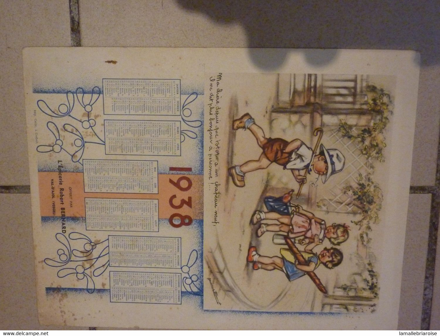 Calendrier 1938, Illustration Germaine Bouret, Publicité: Epicerie Robert Bernard, Val D'Ajol ( Vosges) - Big : 1921-40