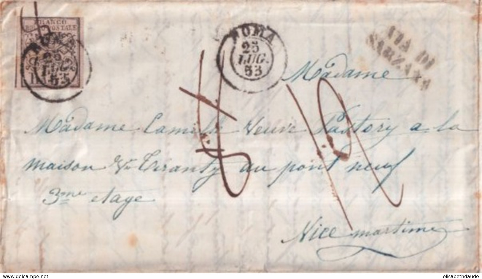 ETATS EGLISE - 1853 - SASSONE N°6 + TAXE "8" RECTIFIEE "12" !! Sur LETTRE De ROMA  => NICE Via DI SARZANA ! - Papal States