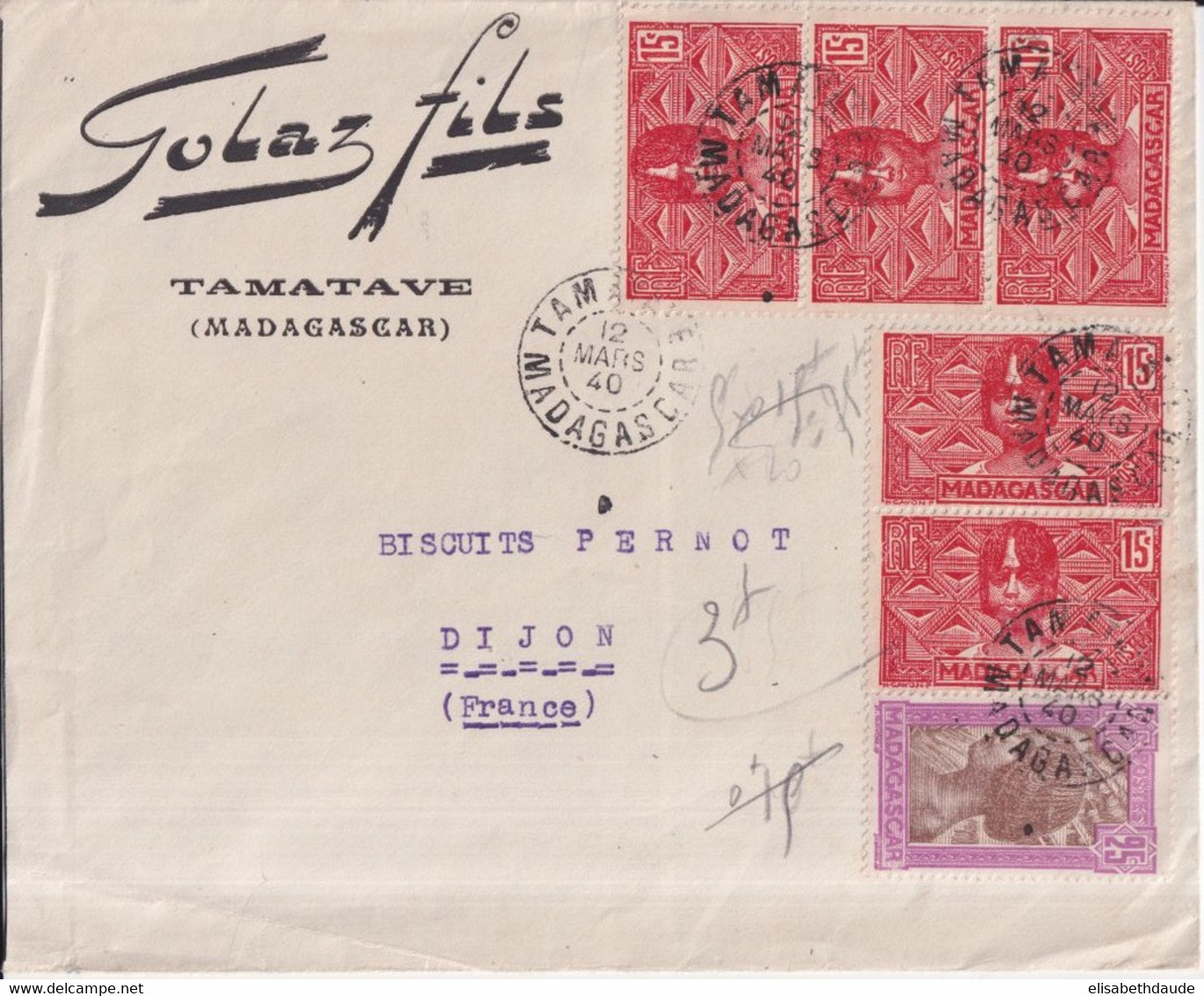 MADAGASCAR - 1940 - BEL AFFRANCHISSEMENT Sur ENVELOPPE De TAMATAVE => DIJON - Covers & Documents