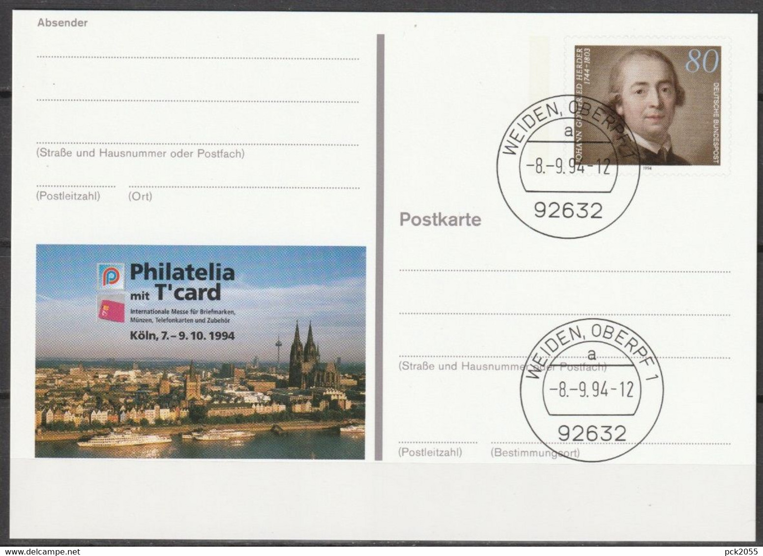 BRD Ganzsache 1994 PSo 35 Philatelia Mit T'cart Köln94 Ersttagsstempel 8.9.94 WEIDEN OBERPF(d2396)günstige Versandkosten - Postkarten - Gebraucht