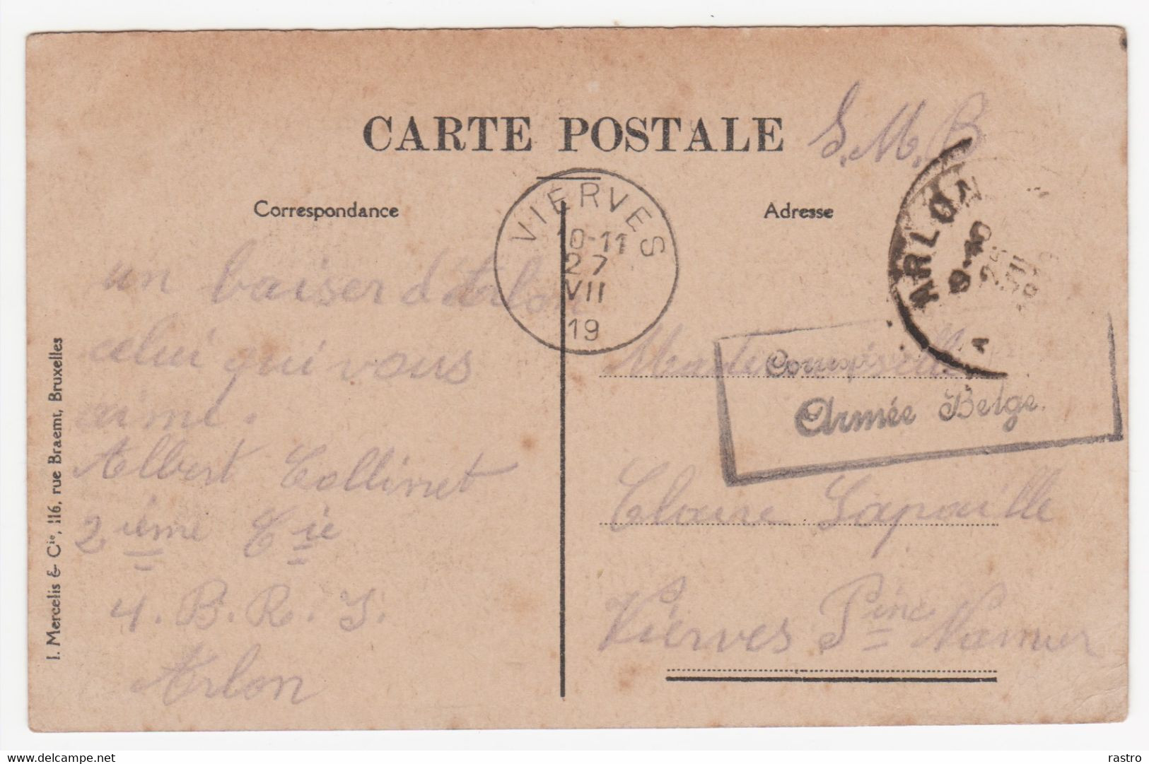Carte-vue (Arlon , Rue De La Station) Envoyée En Franchise Militaire D'Arlon Vers Vierves  (1919) - Zonder Portkosten