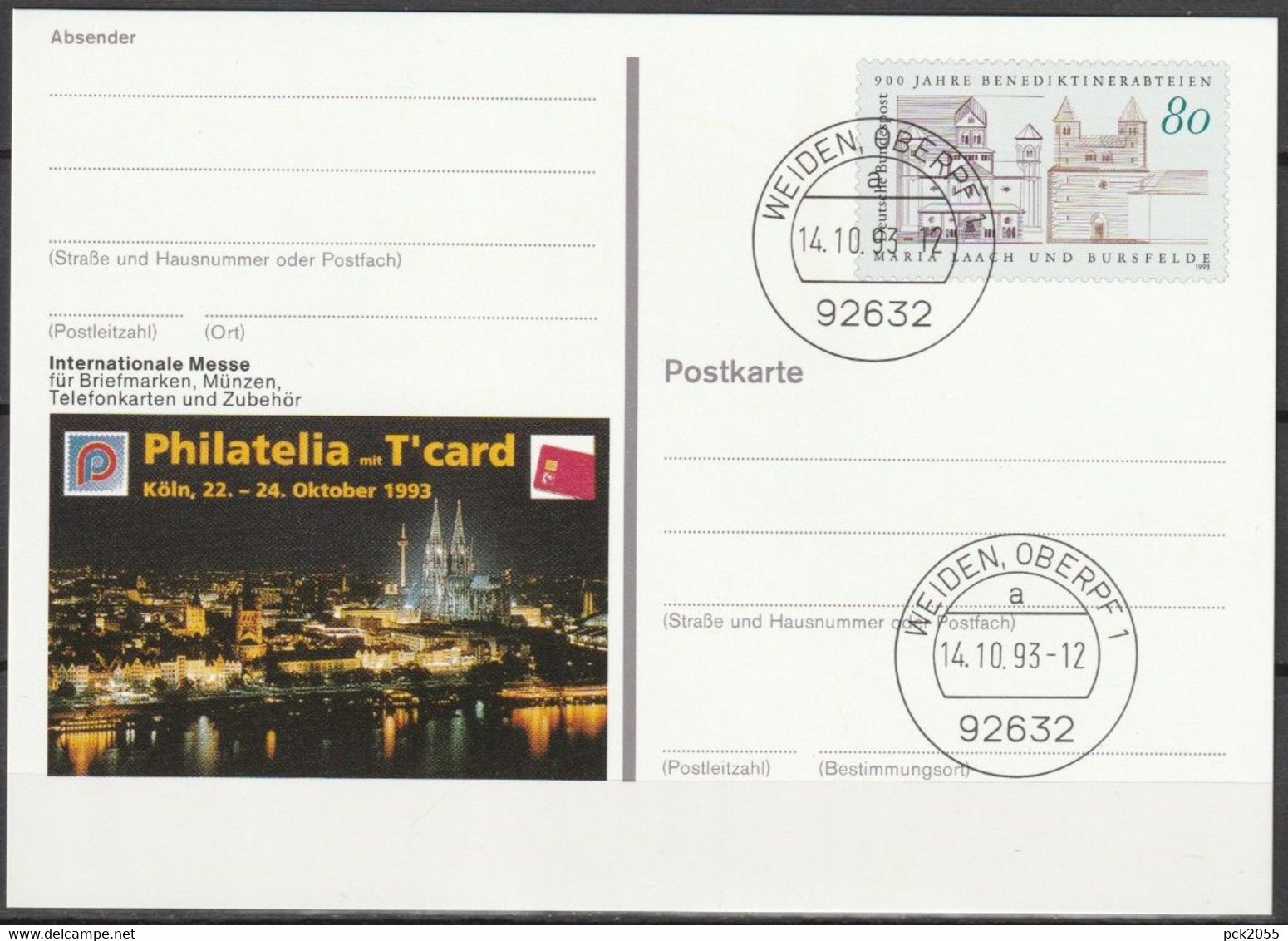 BRD Ganzsache1993 PSo31 PHILATELIA-T'cart93 Köln Ersttagsstempel 14.10.93 WEIDEN OBERPF (d3060)günstige Versandkosten - Postkarten - Gebraucht